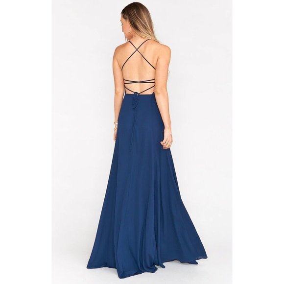 Show Me Your MuMu Godshaw Goddess Gown Dress Medium Strappy Back Rich Navy - Picture 4 of 11